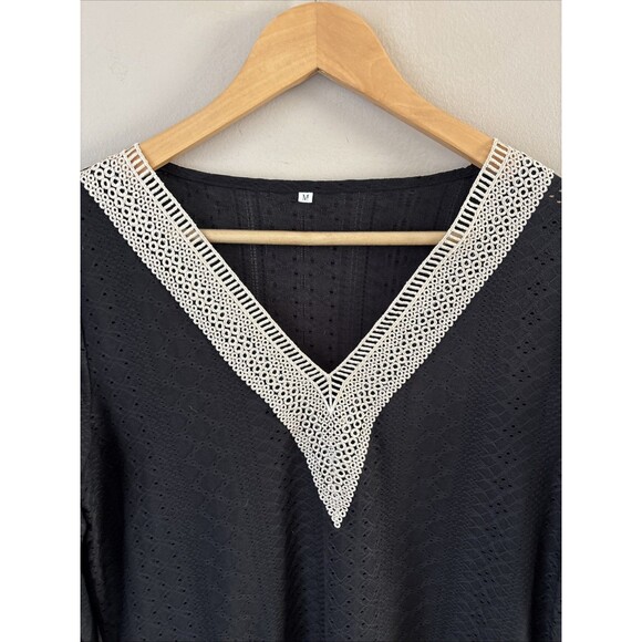 Women's Black Lace Blouse M Long Sleeve Stretch Tan Lace Accent Sheer Dressy Top - Picture 4 of 8